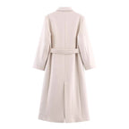 Women Long Tailored Wool Blend Coat with Tie Belt and Lapel Collar Fashion Glam