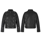Unisex Short Cut Studded Leather Jacket in Biker Style with Stand-Up Collar, Zipper Sleeves and Waist Strap Fashion Glam
