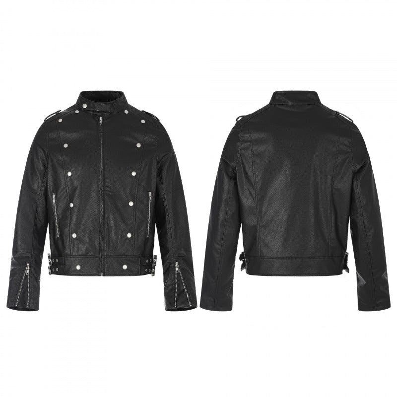Unisex Short Cut Studded Leather Jacket in Biker Style with Stand-Up Collar, Zipper Sleeves and Waist Strap Fashion Glam