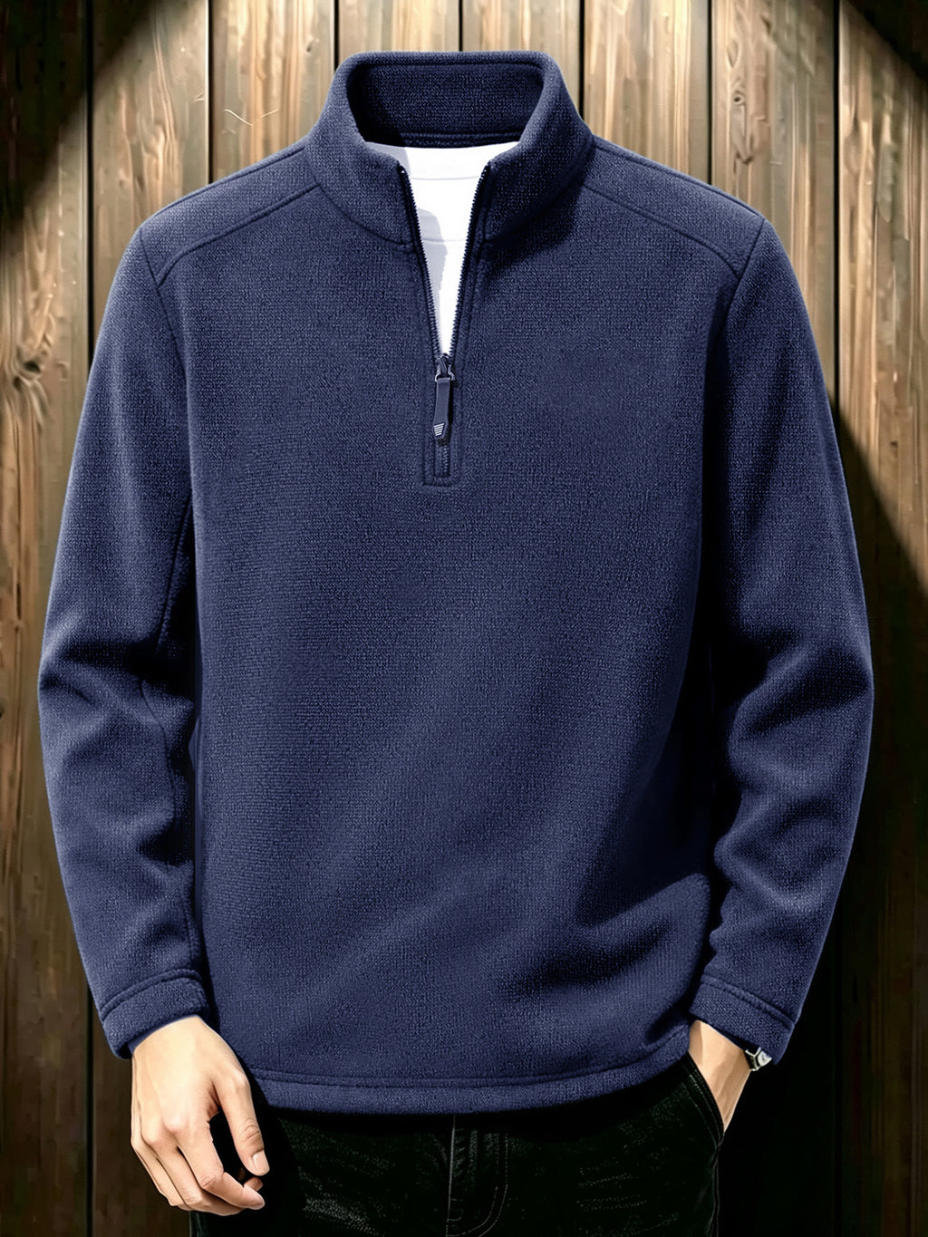 Men's Thermal Knit Fleece Pullover with Half Zip and Stand-up Collar Fashion Glam