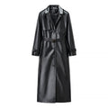 Women’s longline trench coat made of faux leather with a fitted belt and shoulder flaps Fashion Glam