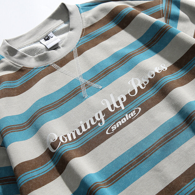 Men's Oversized Striped Sweatshirt with Drawstring Hem and Round Neck Fashion Glam
