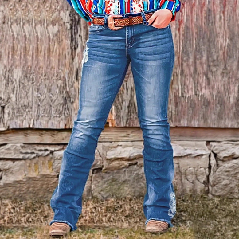 Ladies bootcut jeans in western style with decorative embroidery and used effect Fashion Glam