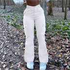 Women’s high-waisted cargo jeans with flared hem and functional flap pockets Fashion Glam