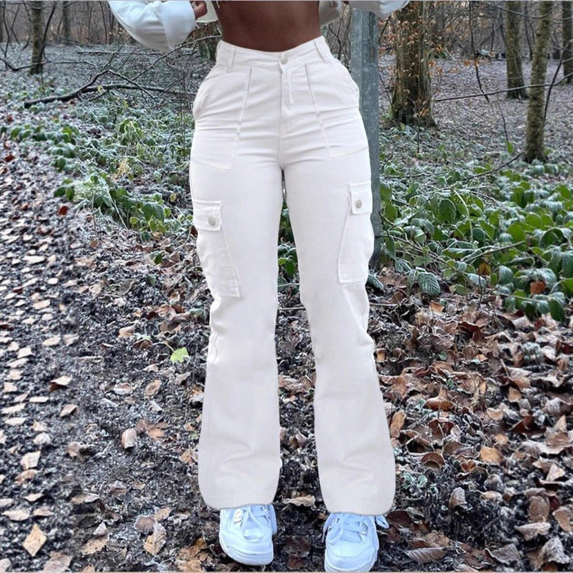 Women’s high-waisted cargo jeans with flared hem and functional flap pockets Fashion Glam