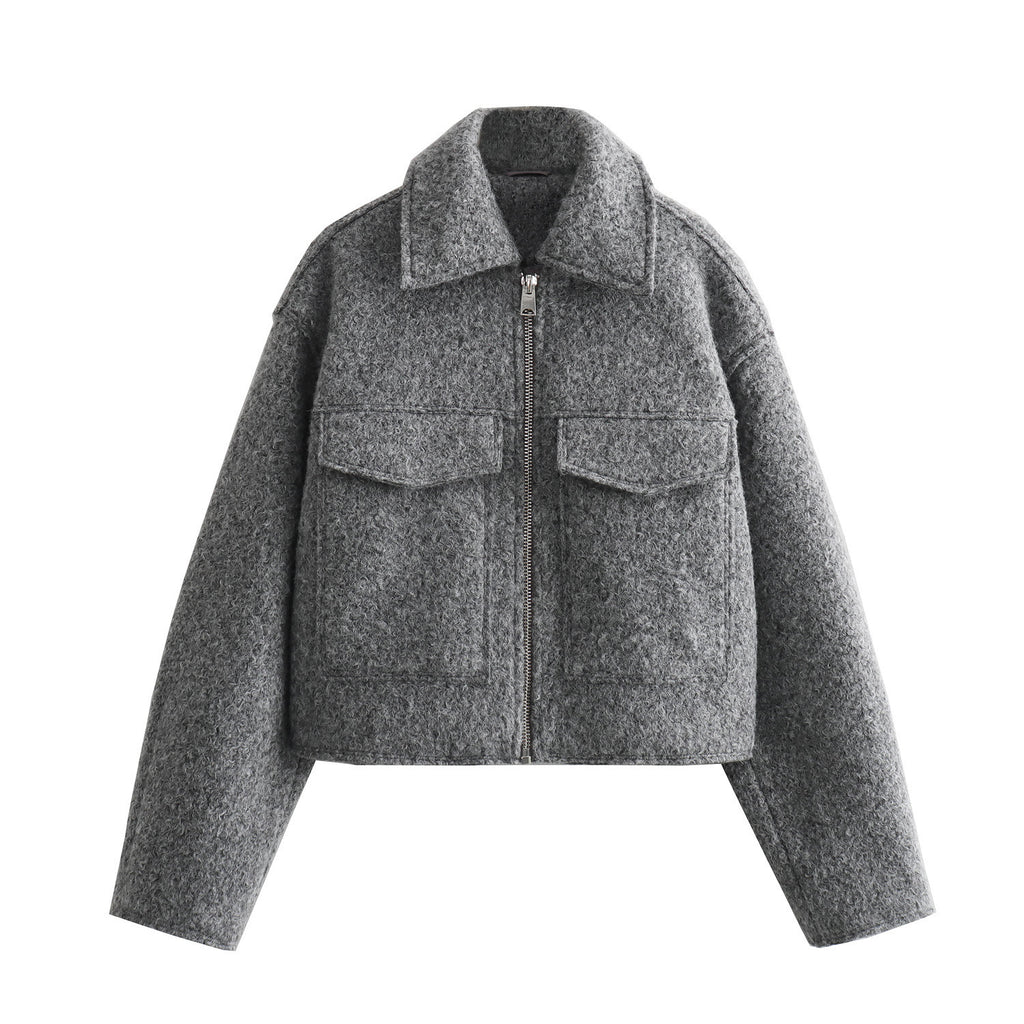 Women Short Boucle Jacket in Boxy Cut with Zip and Flap Pockets Fashion Glam