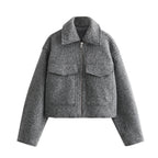 Women Short Boucle Jacket in Boxy Cut with Zip and Flap Pockets Fashion Glam