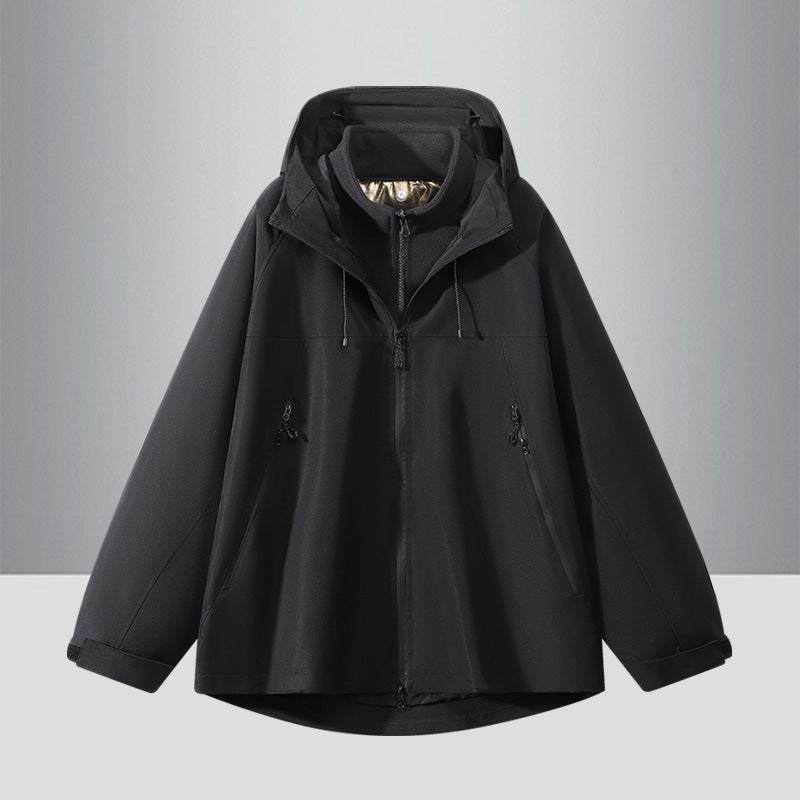 Men's Two-Tone Softshell Hybrid Jacket with Hood, Extended Back and Water-Resistant Zippers Fashion Glam