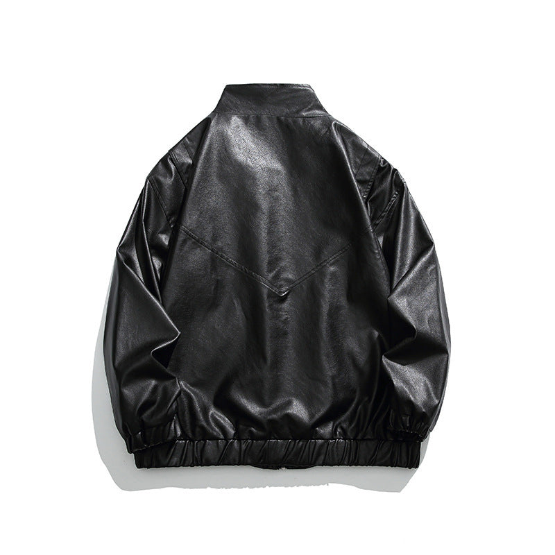 Men's Boxy Faux Leather Blouson Jacket with Stand Collar Snap Placket and Elastic Hem Fashion Glam