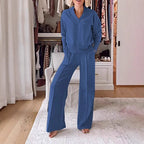 Ladies two-piece lounge set made of soft jersey with V-neck and wide palazzo pants cut Fashion Glam