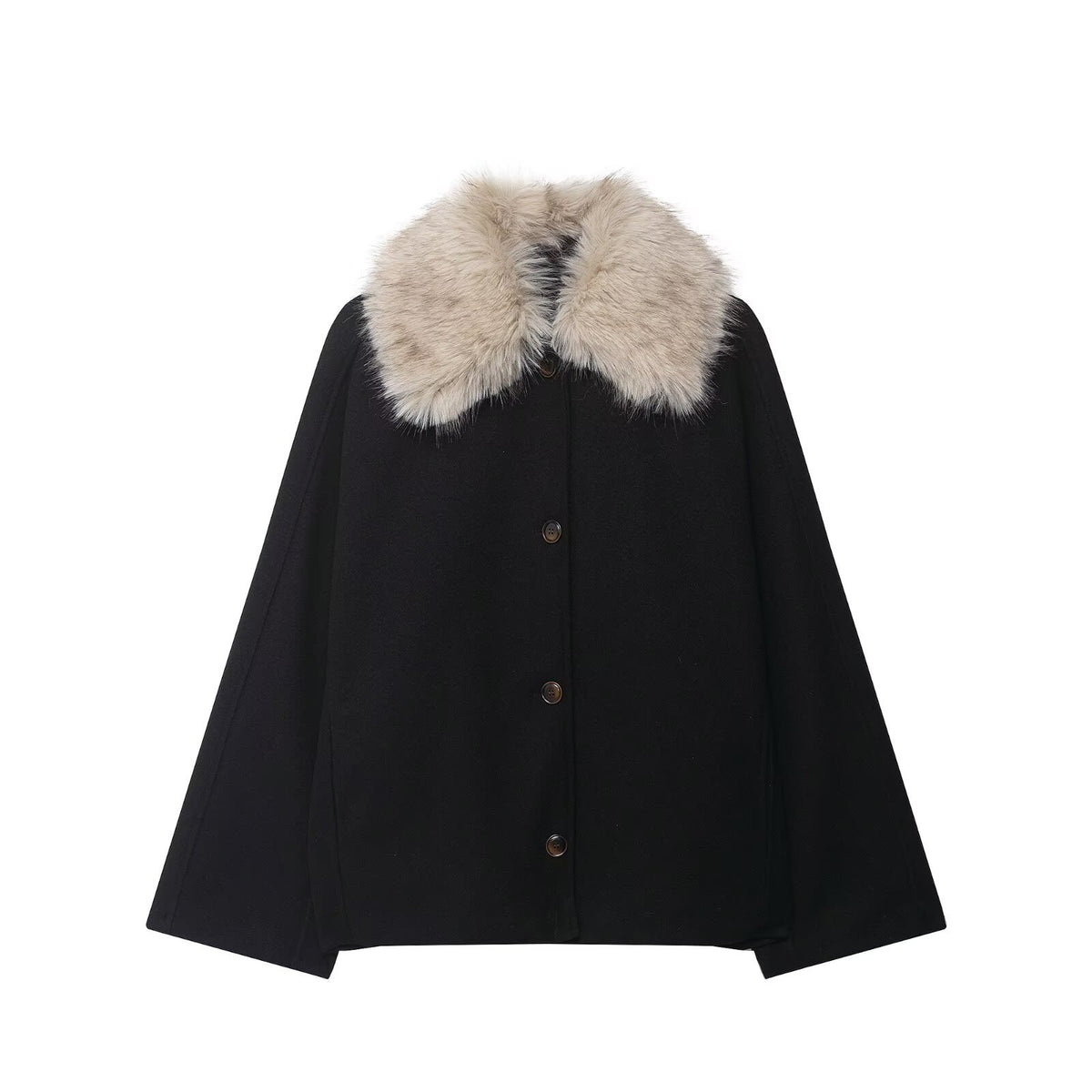 Women's wool cape with removable faux fur collar and concealed button placket Fashion Glam