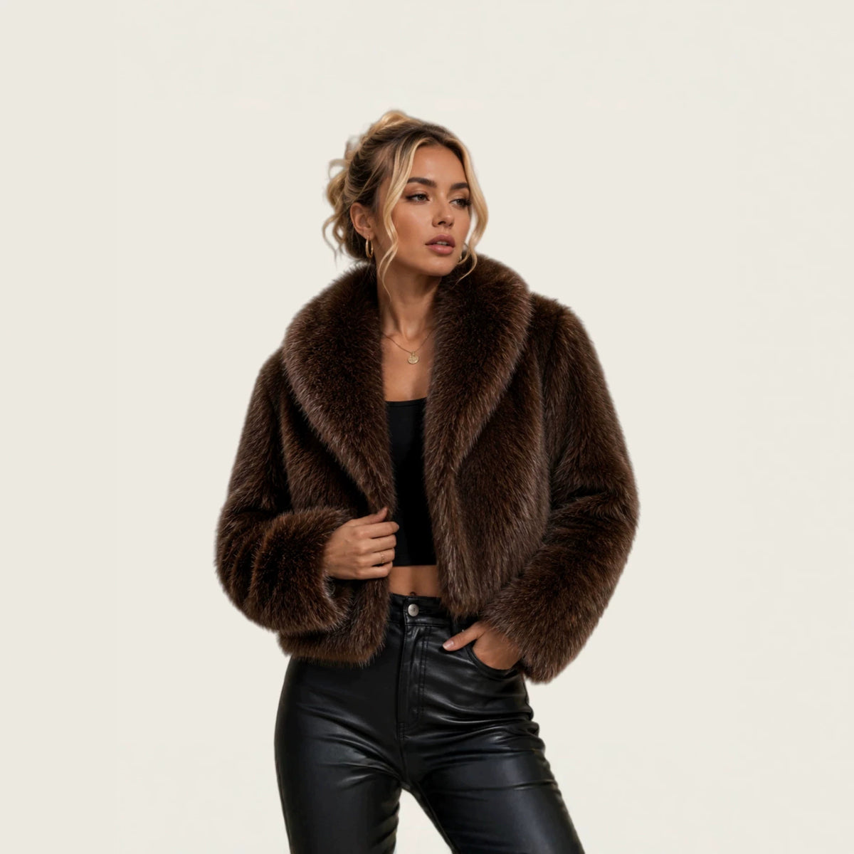 Ladies short cut luxury faux fur bolero with voluminous shawl collar Fashion Glam