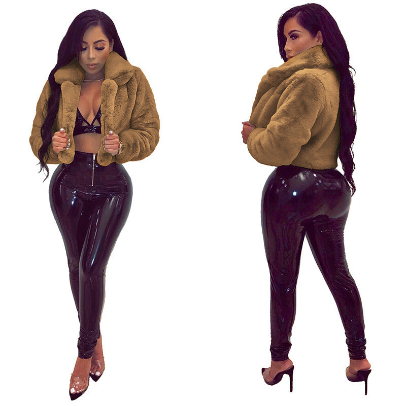 Women Cropped Faux Fur Blouson with tailored cut, stand-up collar and soft teddy finish Fashion Glam