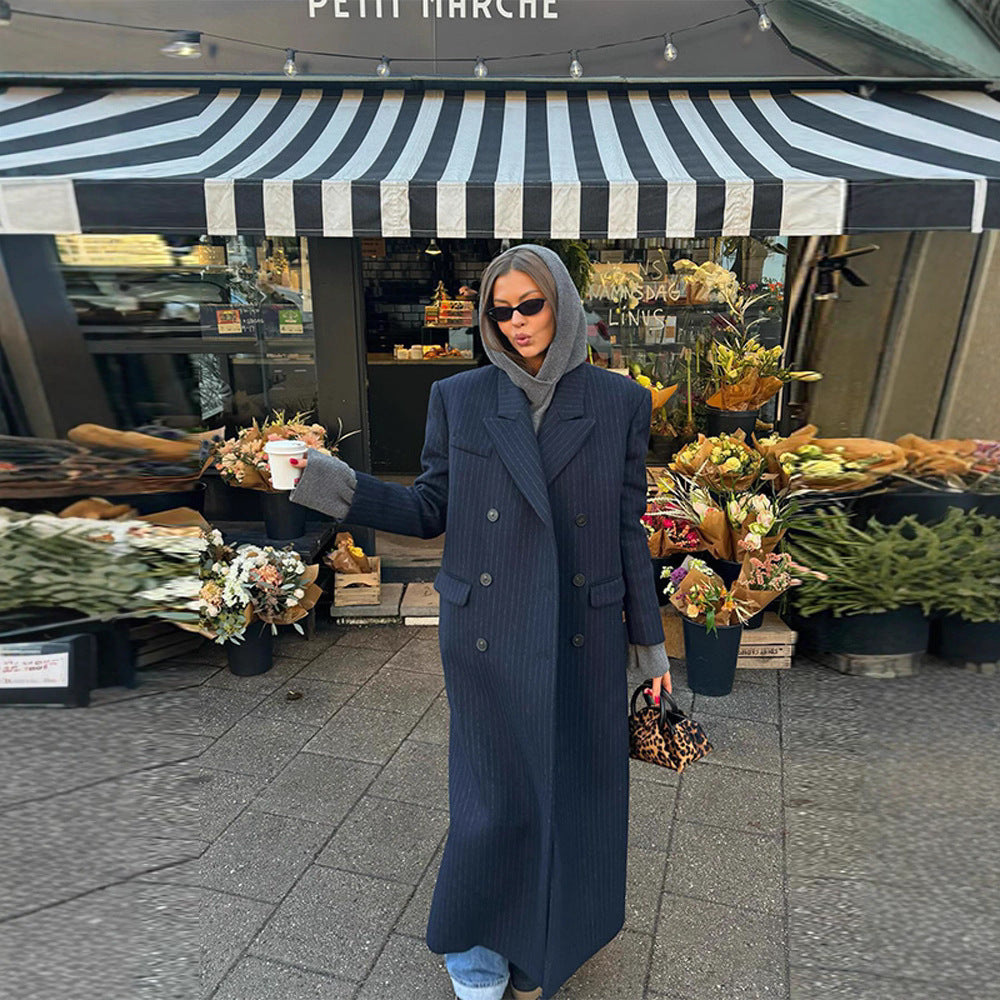 Women's maxi coat in pinstripe look with double-breasted button placket and lapel collar Fashion Glam