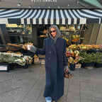Women's maxi coat in pinstripe look with double-breasted button placket and lapel collar Fashion Glam