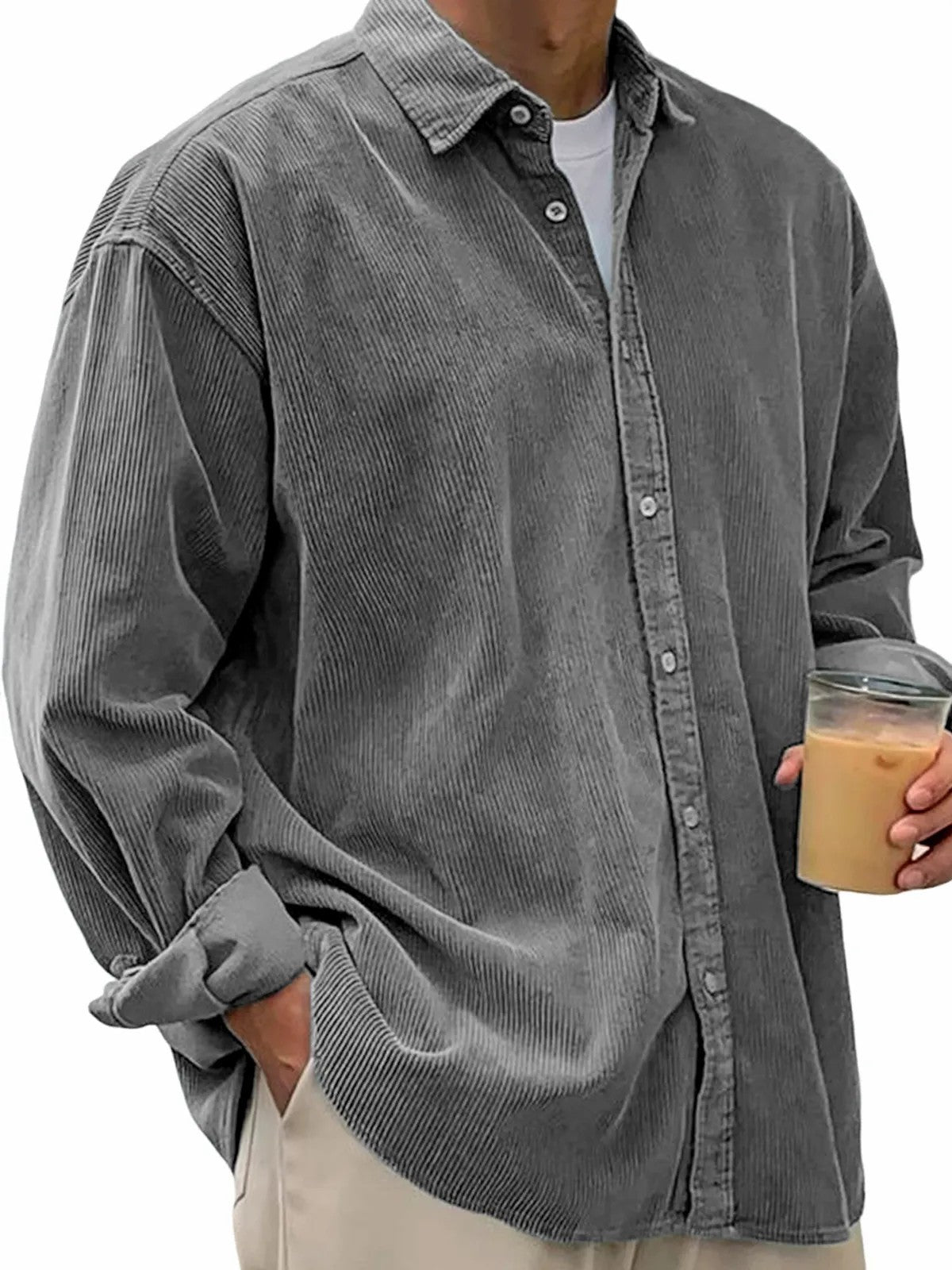 Men's casual cord shirt made of fine ribbed fabric with oversized fit Fashion Glam