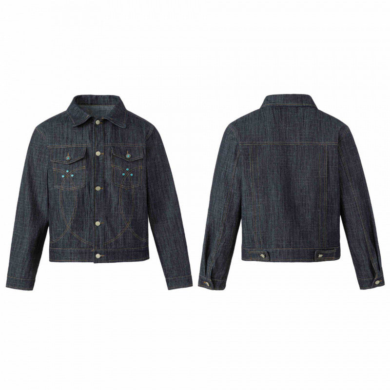 Unisex Short Cut Boxy Denim Jacket with Decorative Stitching and Turquoise Studs Fashion Glam