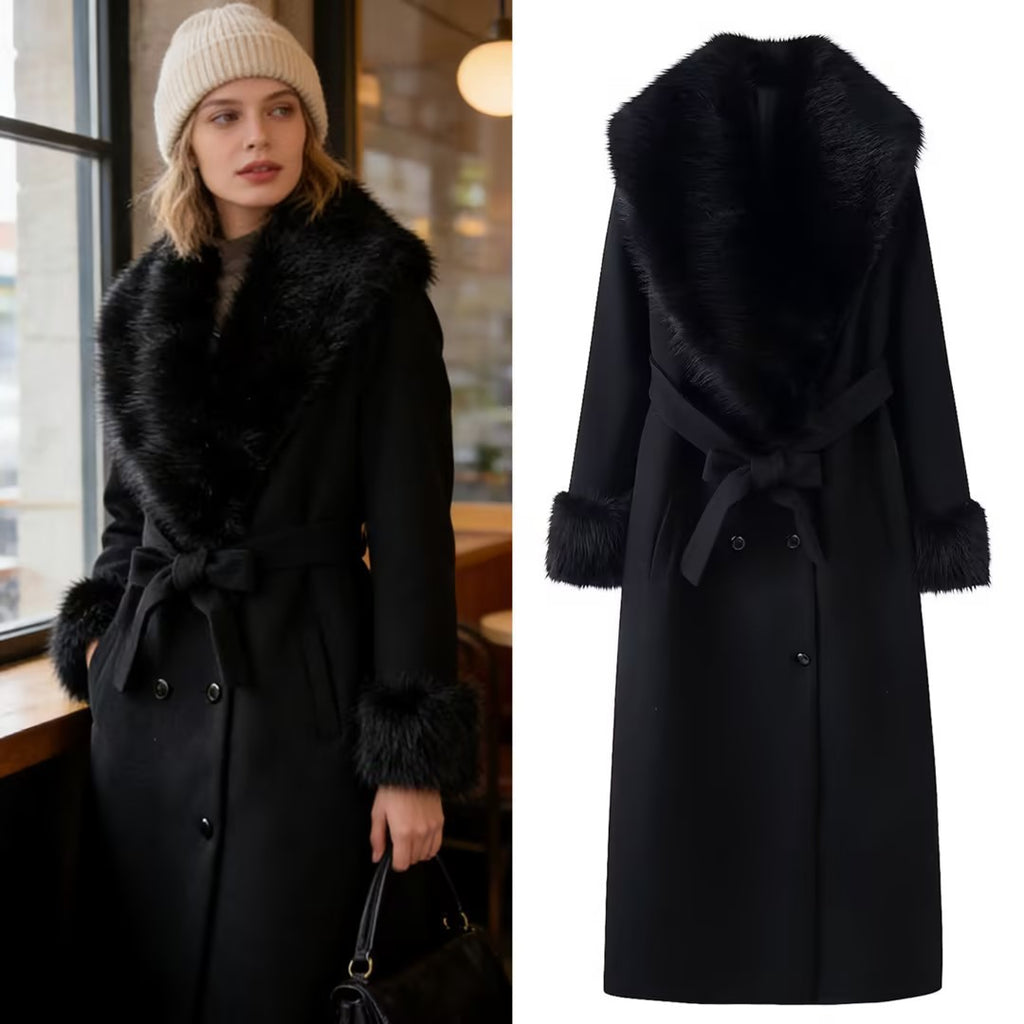 Women Longer Elegant Wool Blend Coat with Wide Faux Fur Collar, Belt and Fur Cuffs Fashion Glam