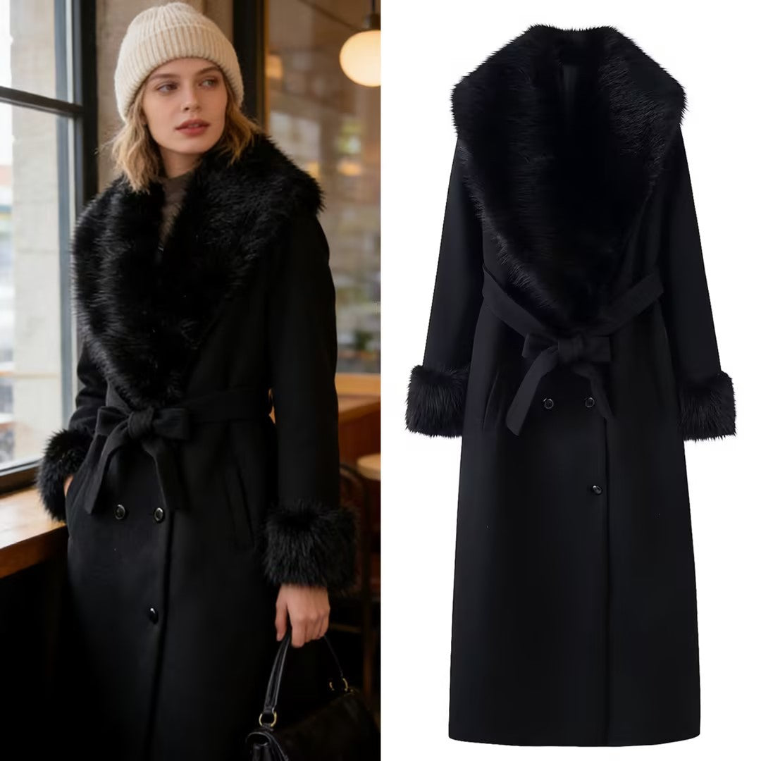 Women Longer Elegant Wool Blend Coat with Wide Faux Fur Collar, Belt and Fur Cuffs Fashion Glam