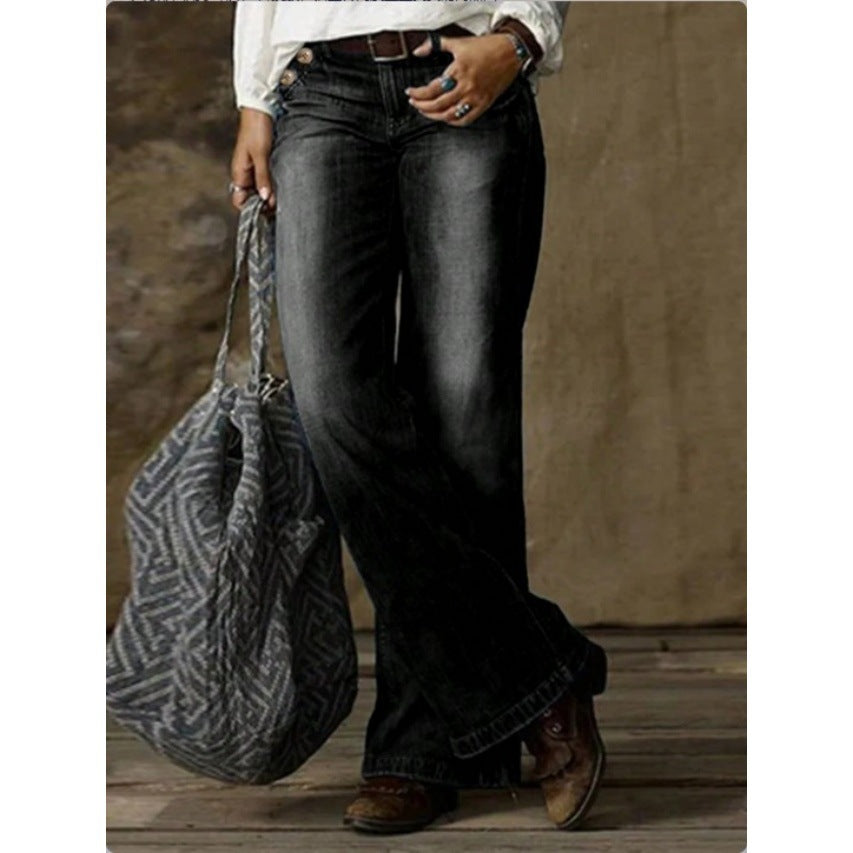Women's Wide Vintage Jeans with High Waist and Used Wash Fashion Glam