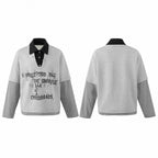 Unisex Oversize Sweatshirt with Layering Polo Collar, Striped Sleeves and Statement Print Fashion Glam