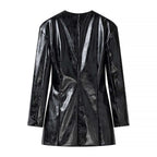 Ladies Long Patent Leather Blazer with Tailored Silhouette, Deep V-Neck and Decorative Buttons Fashion Glam