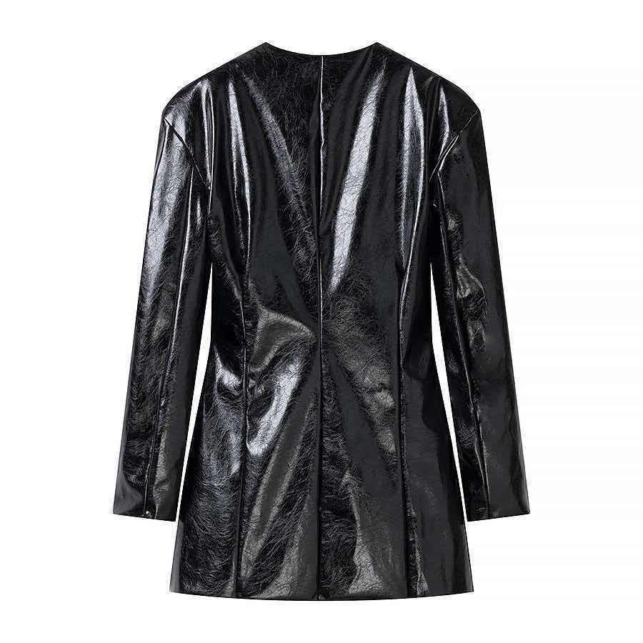 Ladies Long Patent Leather Blazer with Tailored Silhouette, Deep V-Neck and Decorative Buttons Fashion Glam