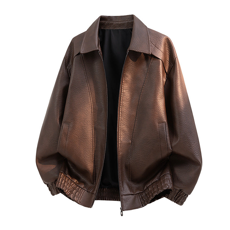 Men's leather bomber jacket in oversized style with elastic hem and zipper Fashion Glam