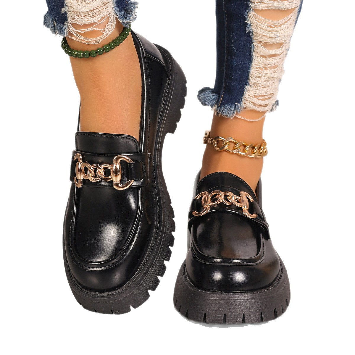 Women Chunky Platform Loafer with Metal Chain Detail and Profiled Rubber Sole Fashion Glam