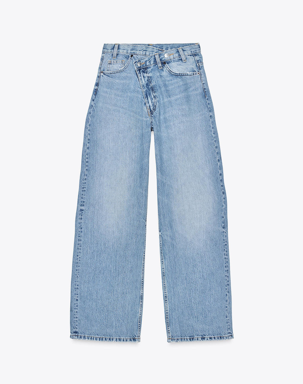 Women's high-waisted wide denim jeans with asymmetric waistband and culotte cut Fashion Glam