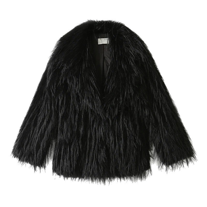 Women's Short Faux Fur Coat with Voluminous Shawl Collar and High Pile Look Fashion Glam