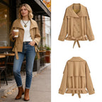 Women's Short Trench Coat with Cap Collar, Shoulder Tabs and Bow Tie Waist Belt Fashion Glam