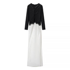 Women's maxi dress with contrasted top, lace insert and long sleeves Fashion Glam