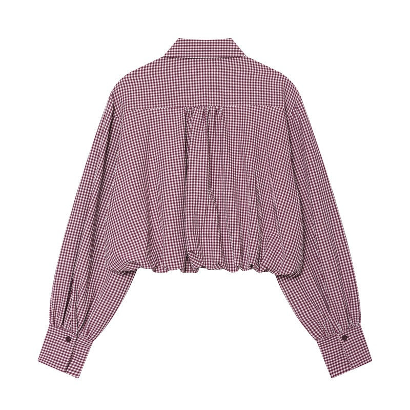 Women Checked Cropped Blouse with Elastic Hem Fashion Glam