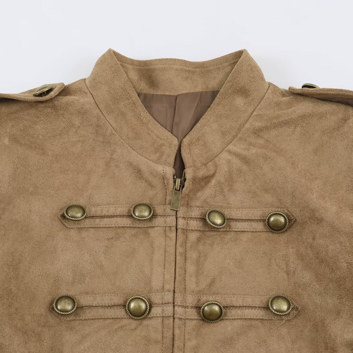 Women's short-cut cavalry jacket made of suede look with decorative button placket and epaulettes Fashion Glam