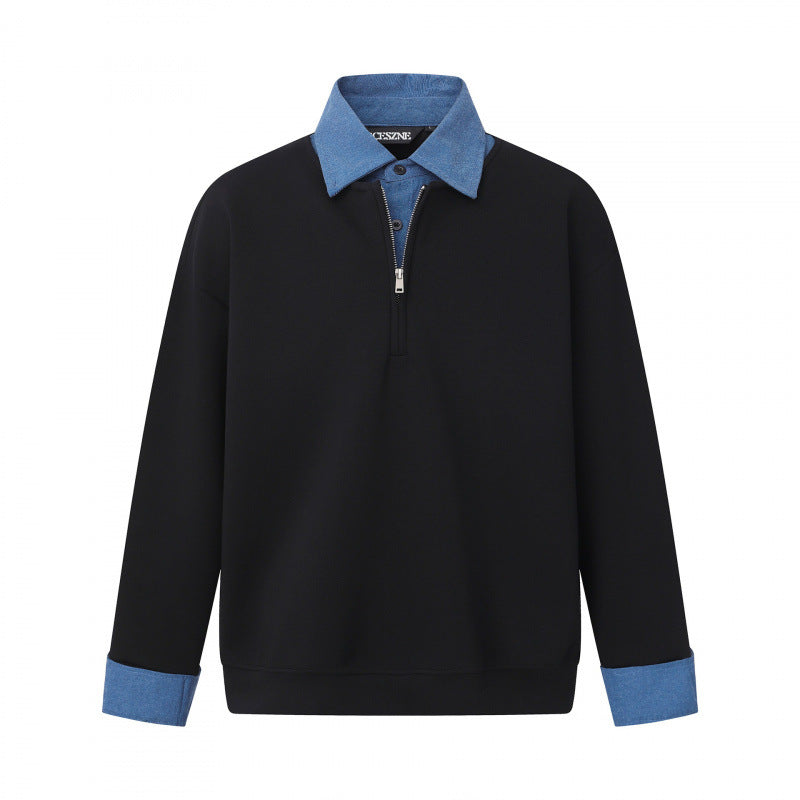 Unisex Oversize-Halfzip-Sweatshirt with contrasting shirt collar and denim cuffs Fashion Glam