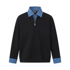 Unisex Oversize-Halfzip-Sweatshirt with contrasting shirt collar and denim cuffs Fashion Glam