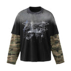 Unisex Oversize Layering Shirt with camouflage sleeves, vintage graphic and destroy details Fashion Glam