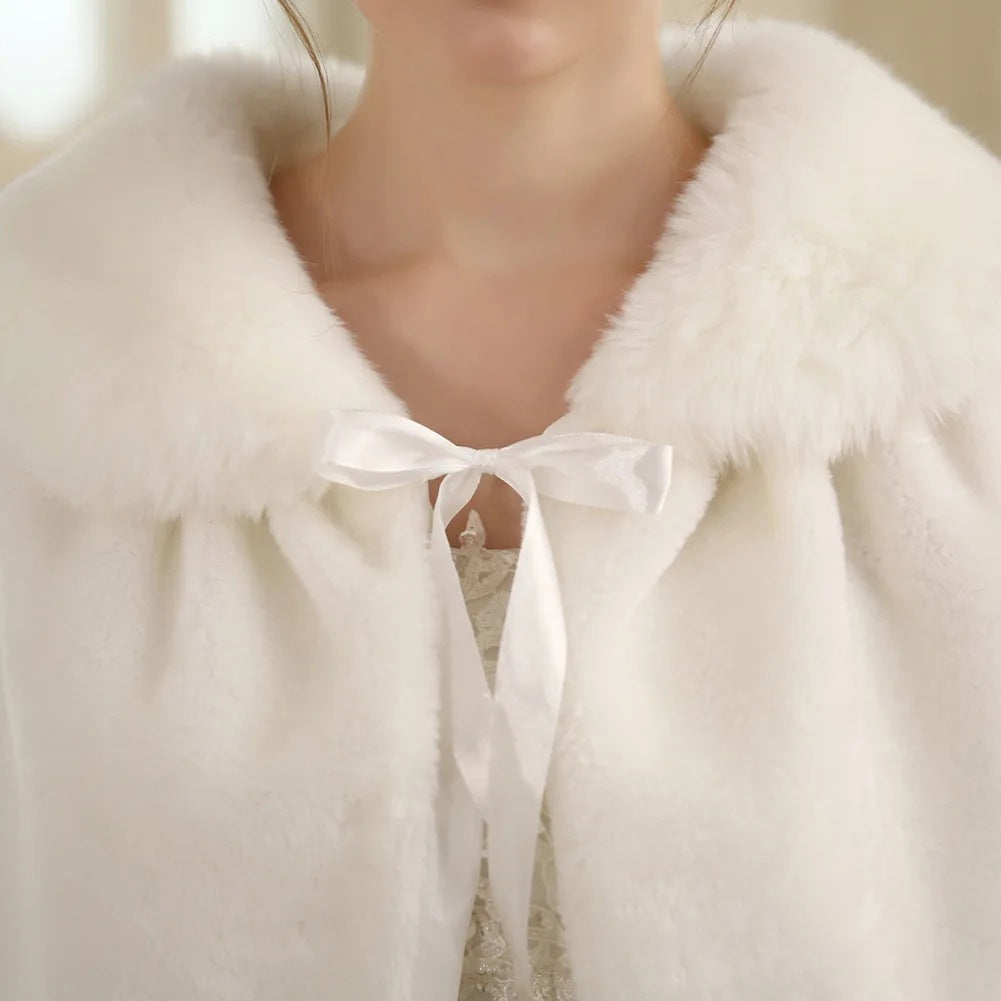 Women's Elegant Faux Fur Capelet with Bow Closure and Wide Overlapping Collar Fashion Glam
