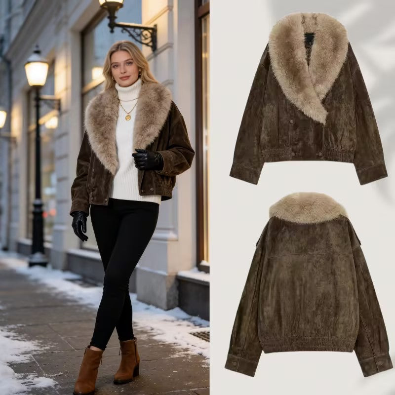 Women’s short-cut suede bomber jacket with luxurious fur collar Fashion Glam