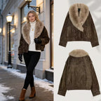 Women’s short-cut suede bomber jacket with luxurious fur collar Fashion Glam