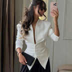 Women Tailored Blazer with Deep V-Neck, Structured Shoulder and Pointed Peplum Fashion Glam