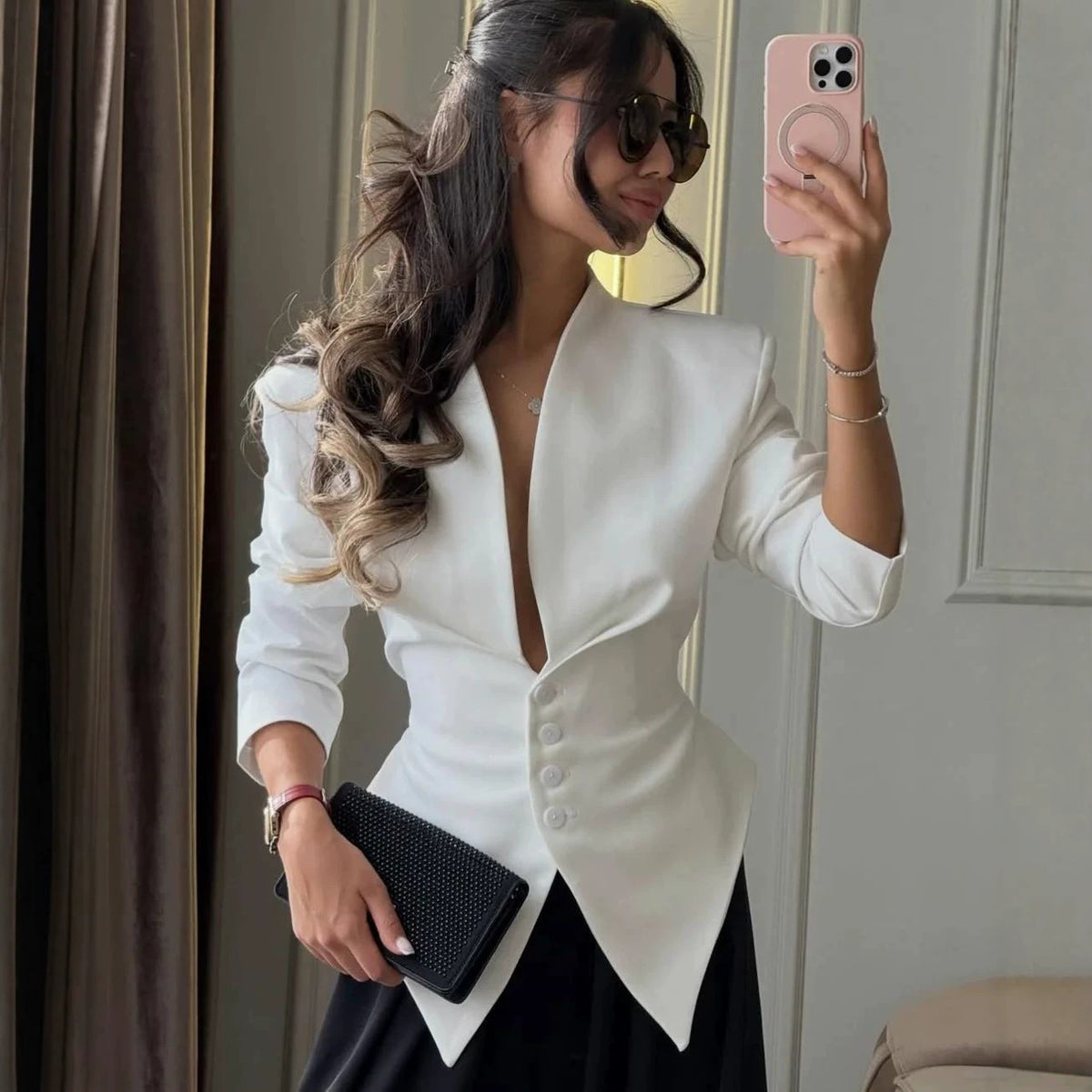 Women Tailored Blazer with Deep V-Neck, Structured Shoulder and Pointed Peplum Fashion Glam