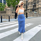 Women's waist-accentuating denim midi skirt with wave-shaped decorative seams and flared hem Fashion Glam