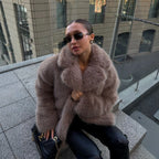 Ladies luxurious short faux fur jacket with wide shawl collar Fashion Glam