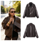 Women's Oversized Faux Leather Bomber Jacket with Utility Pockets, High Collar and Elastic Hem Fashion Glam