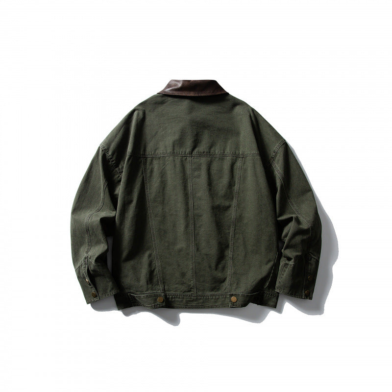 Men's Boxy Canvas Jacket with Leather Collar and Overshirt Silhouette Fashion Glam