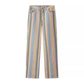 Women's straight-cut high-waisted pants with vertical multi-stripe pattern and five-pocket cut Fashion Glam