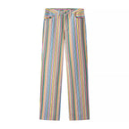 Women's straight-cut high-waisted pants with vertical multi-stripe pattern and five-pocket cut Fashion Glam