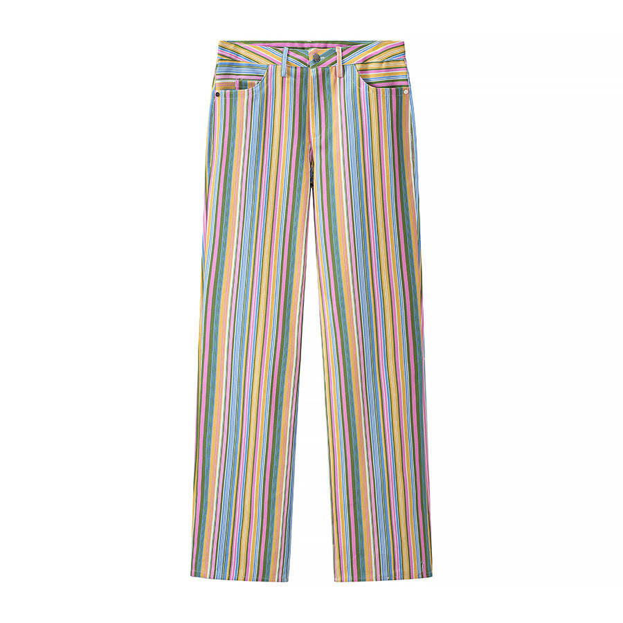 Women's straight-cut high-waisted pants with vertical multi-stripe pattern and five-pocket cut Fashion Glam